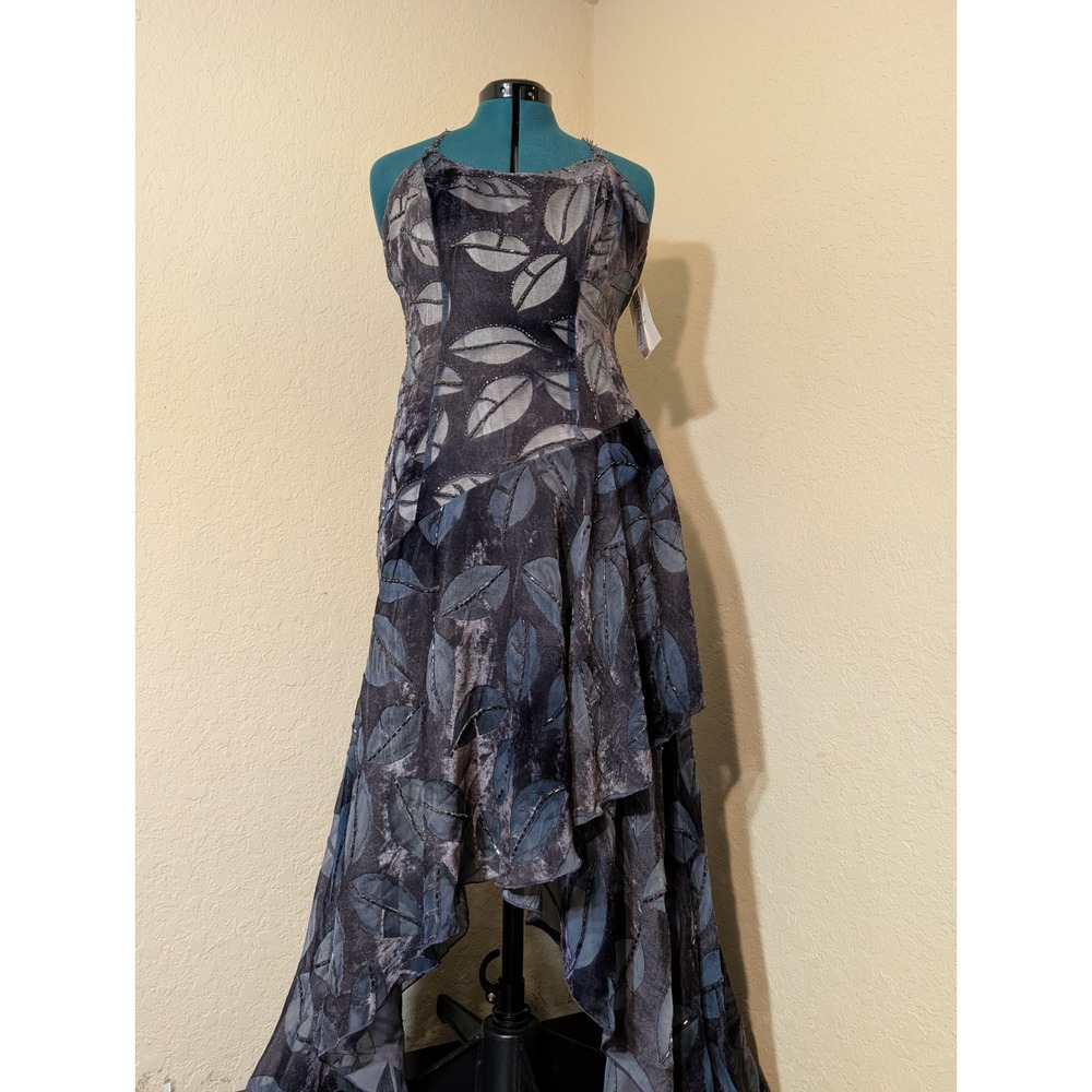 Mango Evening Blue Gray Leaf Beaded Asymmetrical Halter Gown Dress Size 8 NEW